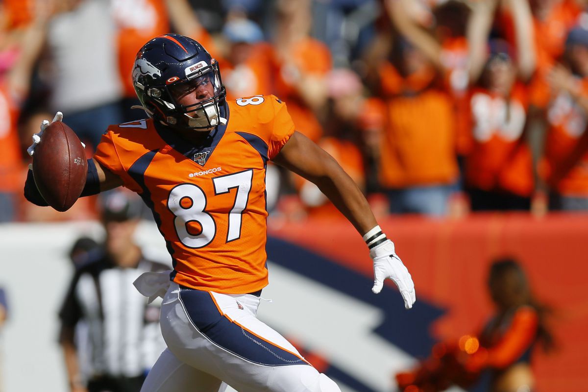 Denver Broncos tight end Noah Fant (87) against the New York Jets