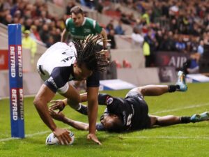 West Yorkshire-born Dom Young crosses for the England Knights in their World Cup warm-up against Fiji